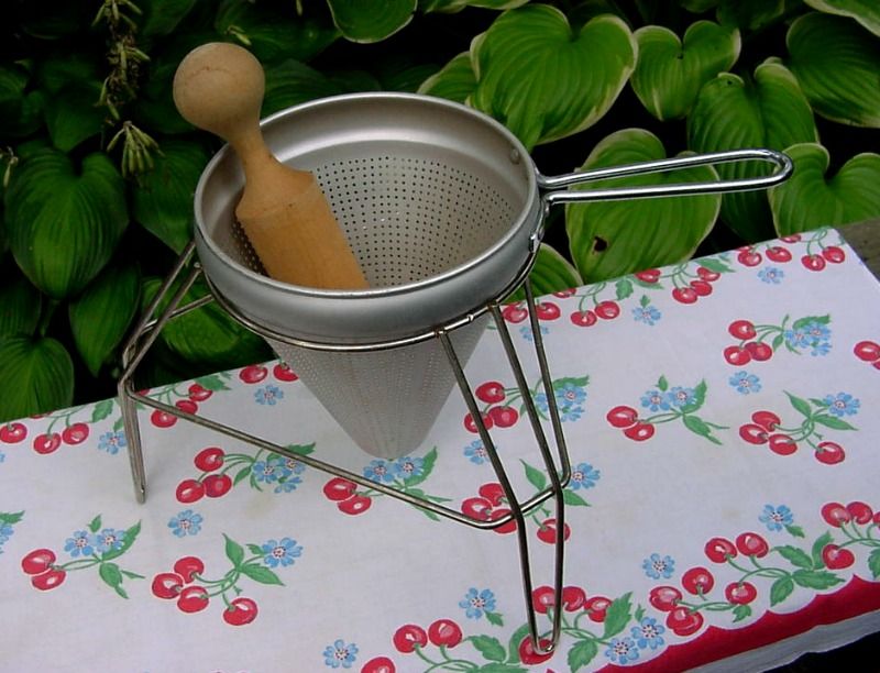 Vtg Metal Jelly Tomato Fruit CONE STRAINER Sieve Juicer Stand Wood ...