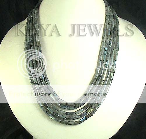   NATURAL LABRADORITE PIPE SHAPE 5 STRAND BEAD NECKLACE SILVER CLASP